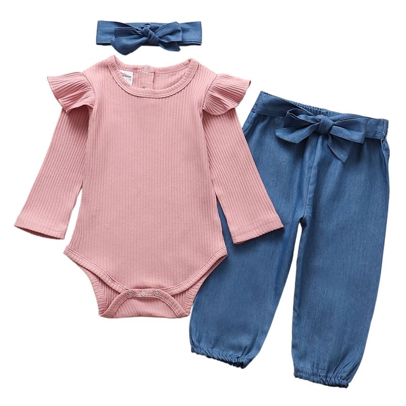 Conjunto Body Babados + Calça Floral+ Laço Bebê Menina