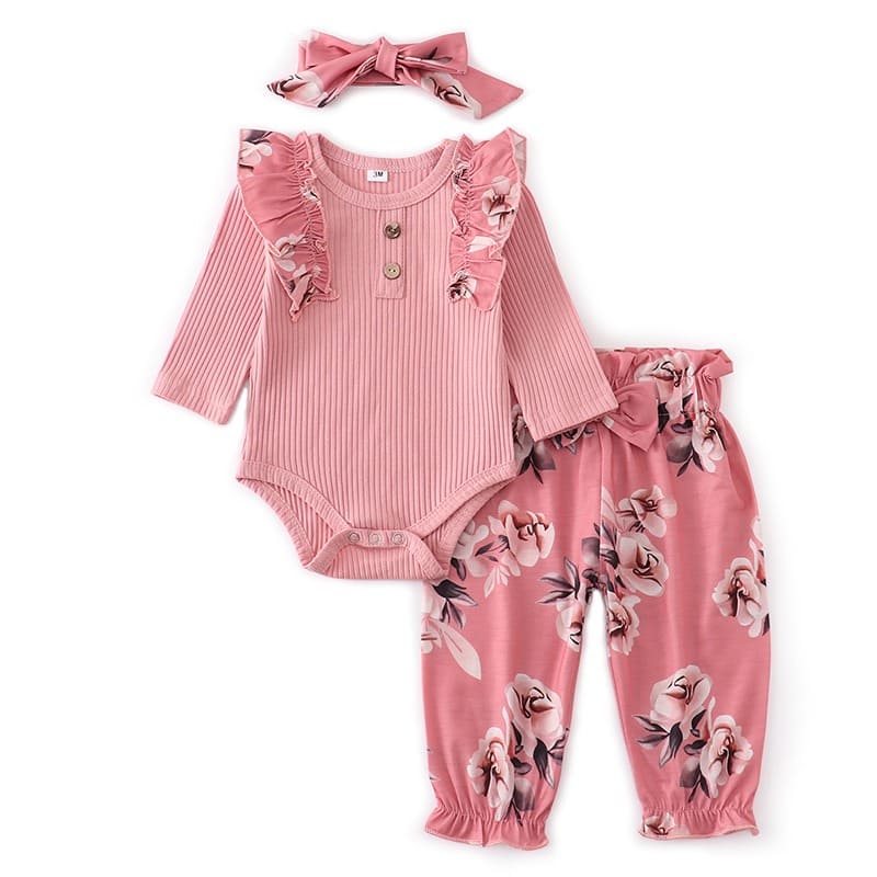 Conjunto Body Babados + Calça Floral+ Laço Bebê Menina