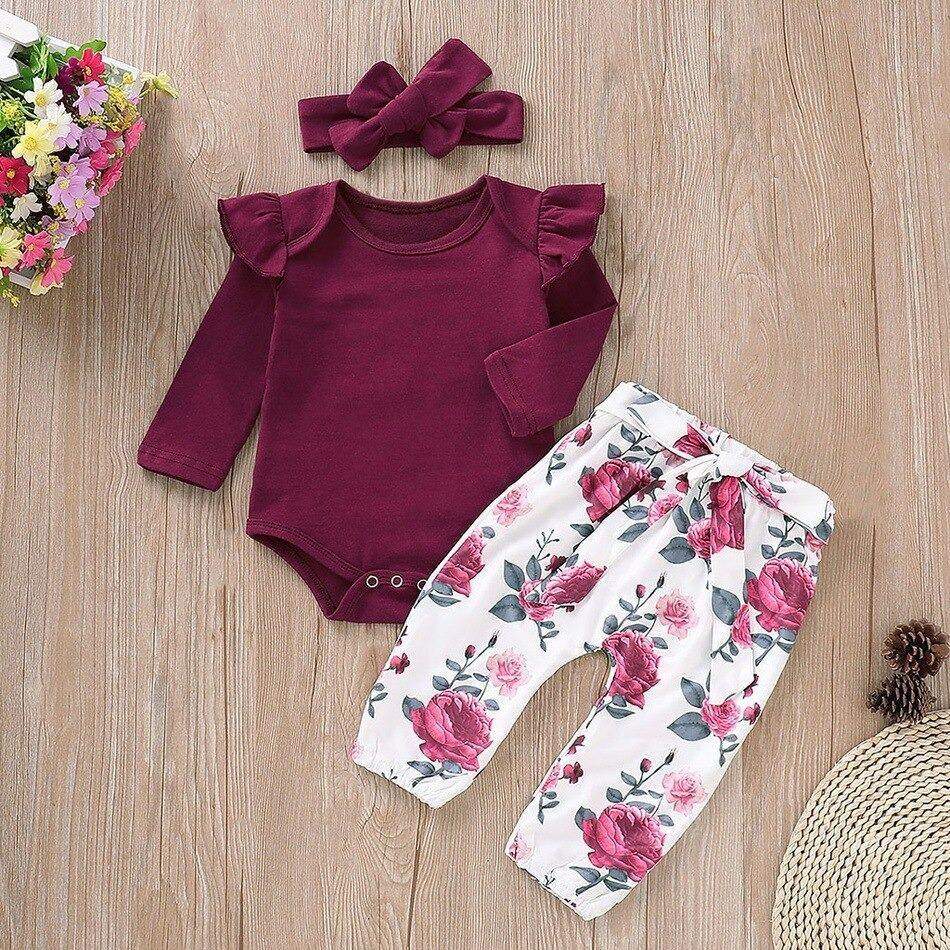 Conjunto Floral Bebê Menina Body Manga Longa + Calça + Laço | 3-24 Meses