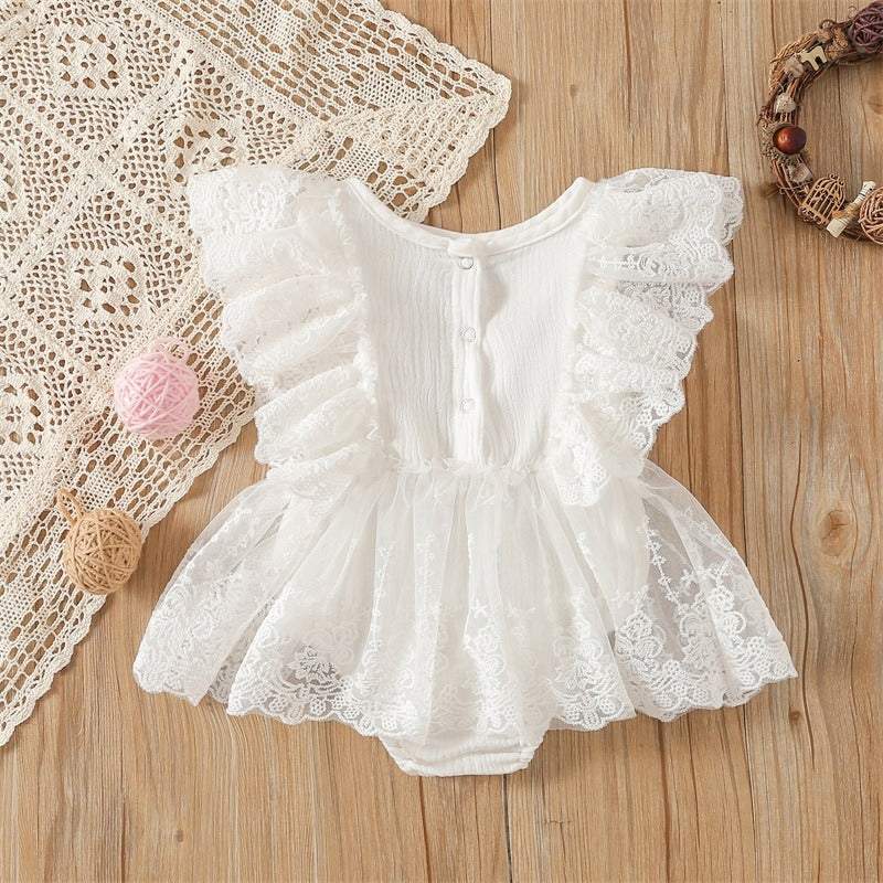 Vestido-Macaquinho Branco c/Renda Batizado Bebê Menina | 1-24 Meses