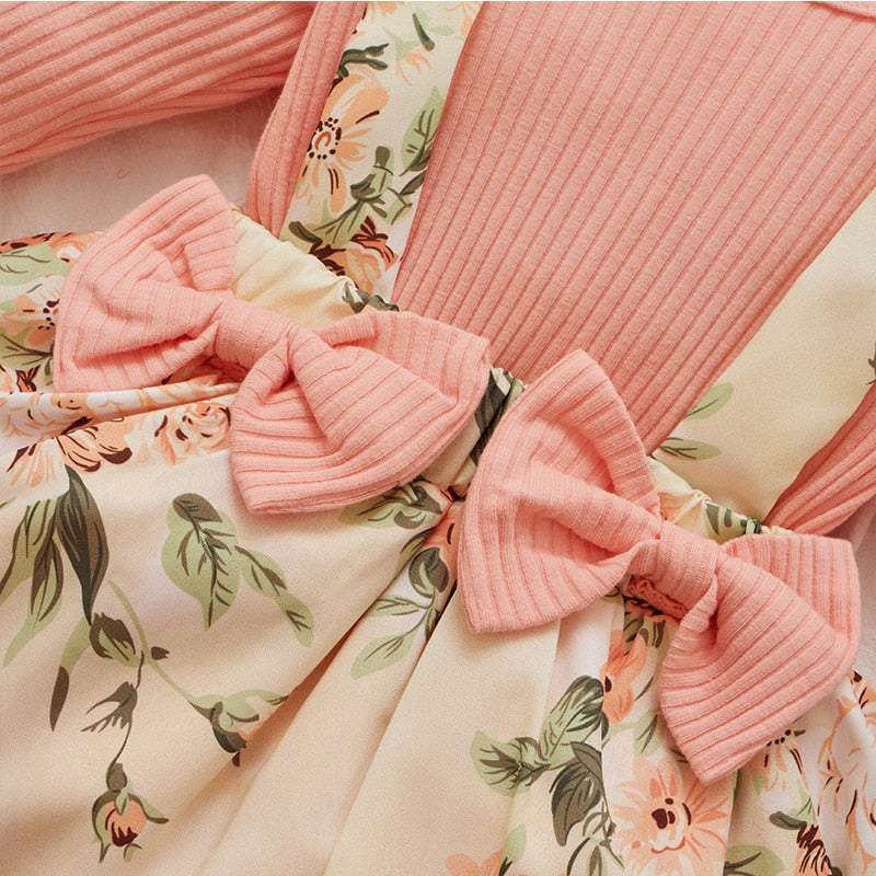 Conjunto Floral Salopete+ Body Manga Longa+ Laço Bebê Menina