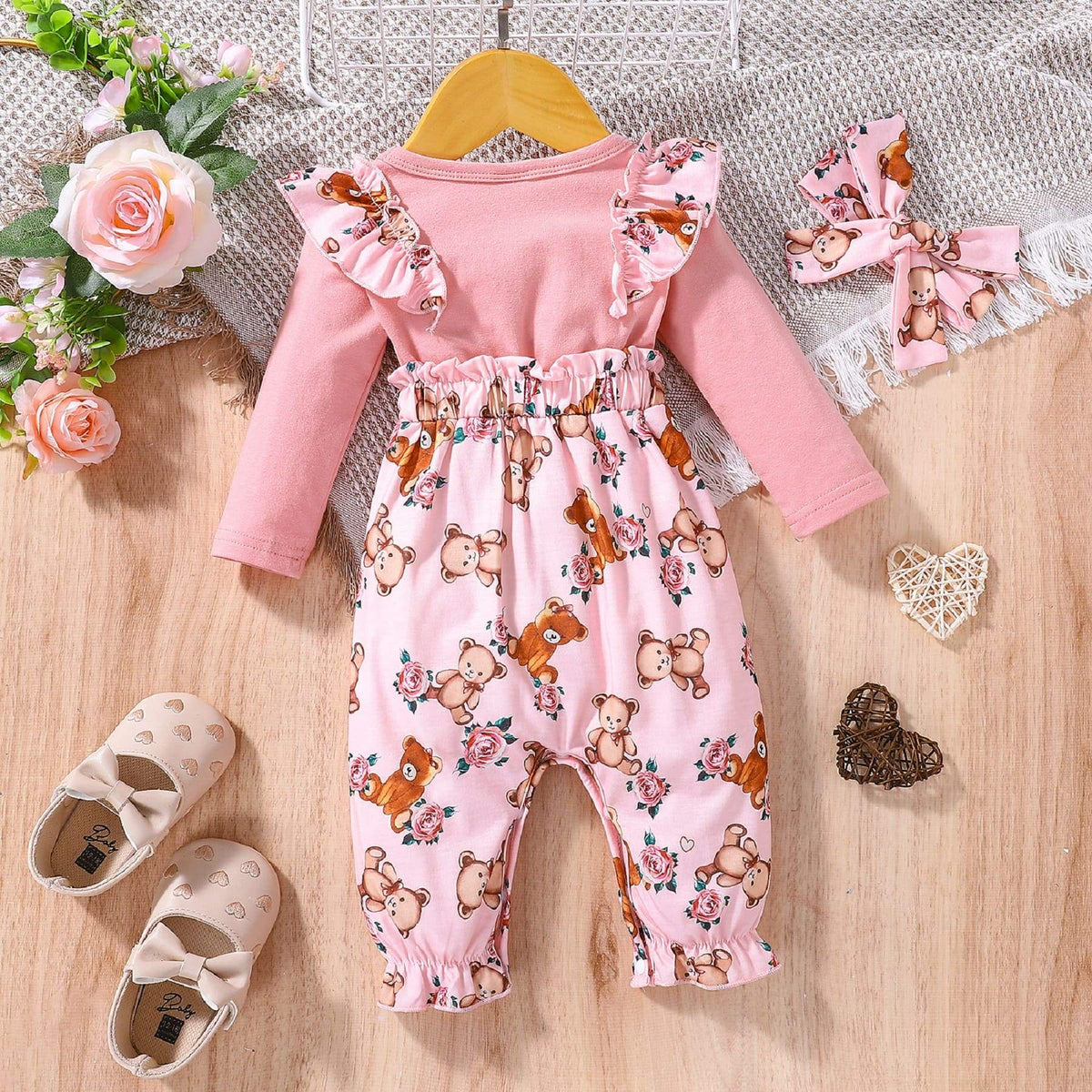 Macacão Rosa Ursinho 3D Babados Bebê Menina | 0-18 Meses