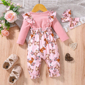 Macacão Rosa Ursinho 3D Babados Bebê Menina | 0-18 Meses
