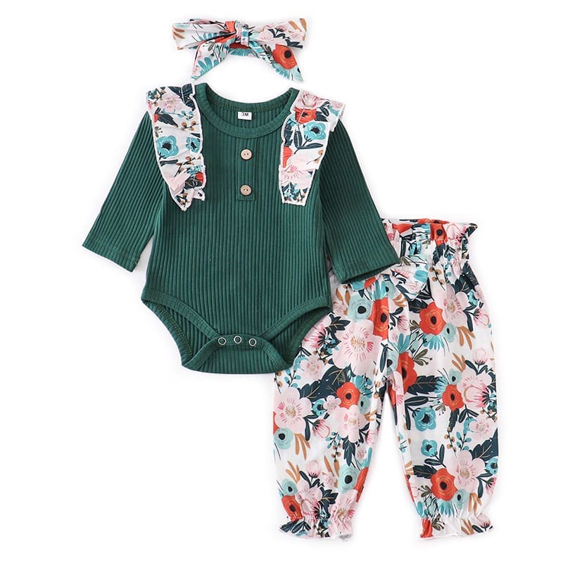 Conjunto Body Babados + Calça Floral+ Laço Bebê Menina