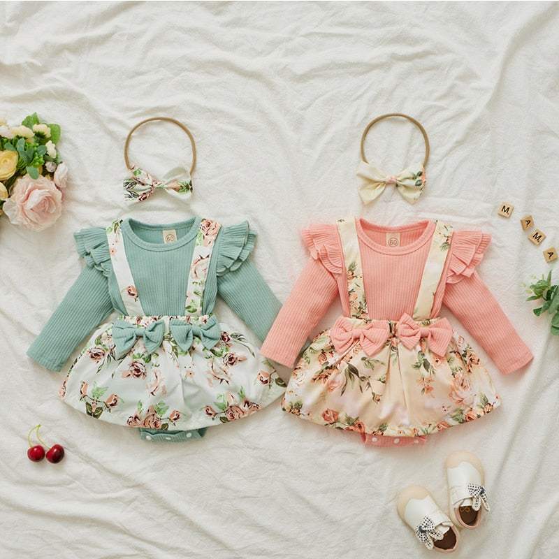 Conjunto Floral Salopete+ Body Manga Longa+ Laço Bebê Menina