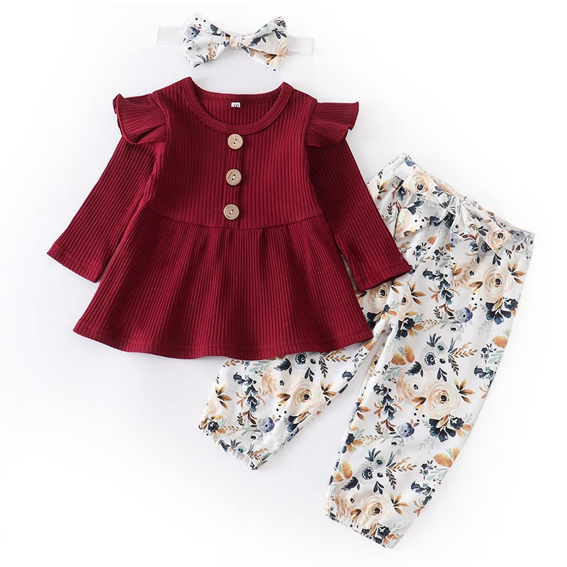 Conjunto Blusa Manga + Calça Floral +Laço Bebê Menina | 1-24 Meses