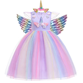 Vestido de Festa Menina Unicórnio Arco-íris + Asinhas + Tiara