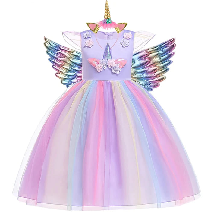Vestido de Festa Menina Unicórnio Arco-íris + Asinhas + Tiara
