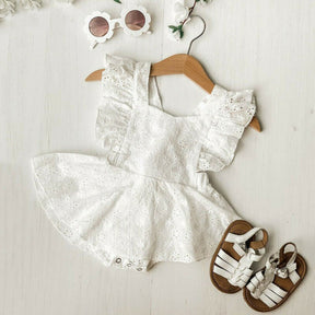 Macaquinho-Vestido de Renda Lese + Laço Bebê Menina | 6-24 Meses