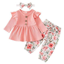 Conjunto Blusa Manga + Calça Floral +Laço Bebê Menina | 1-24 Meses