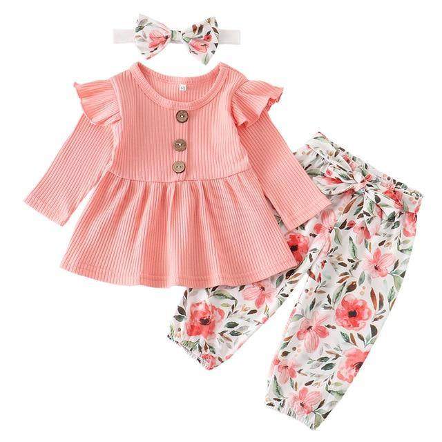 Conjunto Blusa Manga + Calça Floral +Laço Bebê Menina | 1-24 Meses