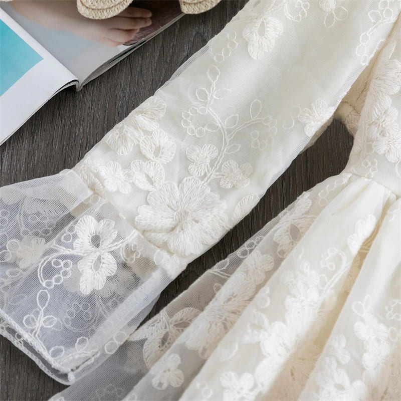 Vestido de Renda Manga Transparente Menina Batizado | 2-8 Anos