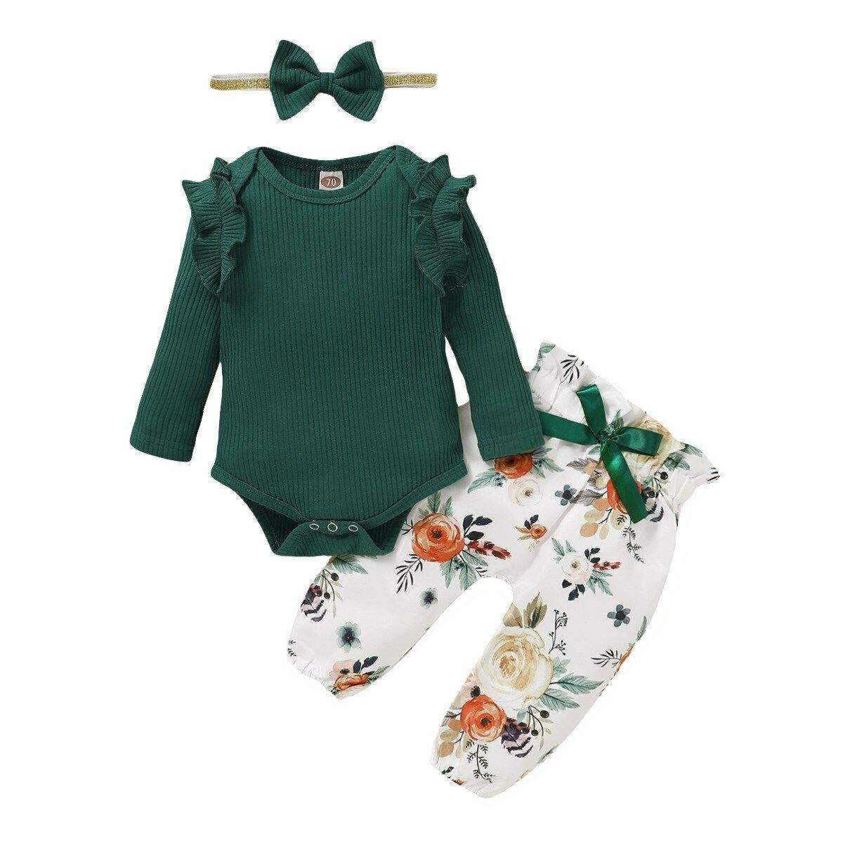 Conjunto Floral Bebê Menina Body Manga Longa + Calça + Laço | 3-24 Meses