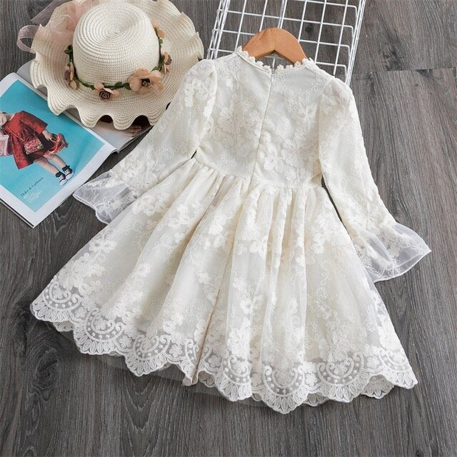 Vestido de Renda Manga Transparente Menina Batizado | 2-8 Anos