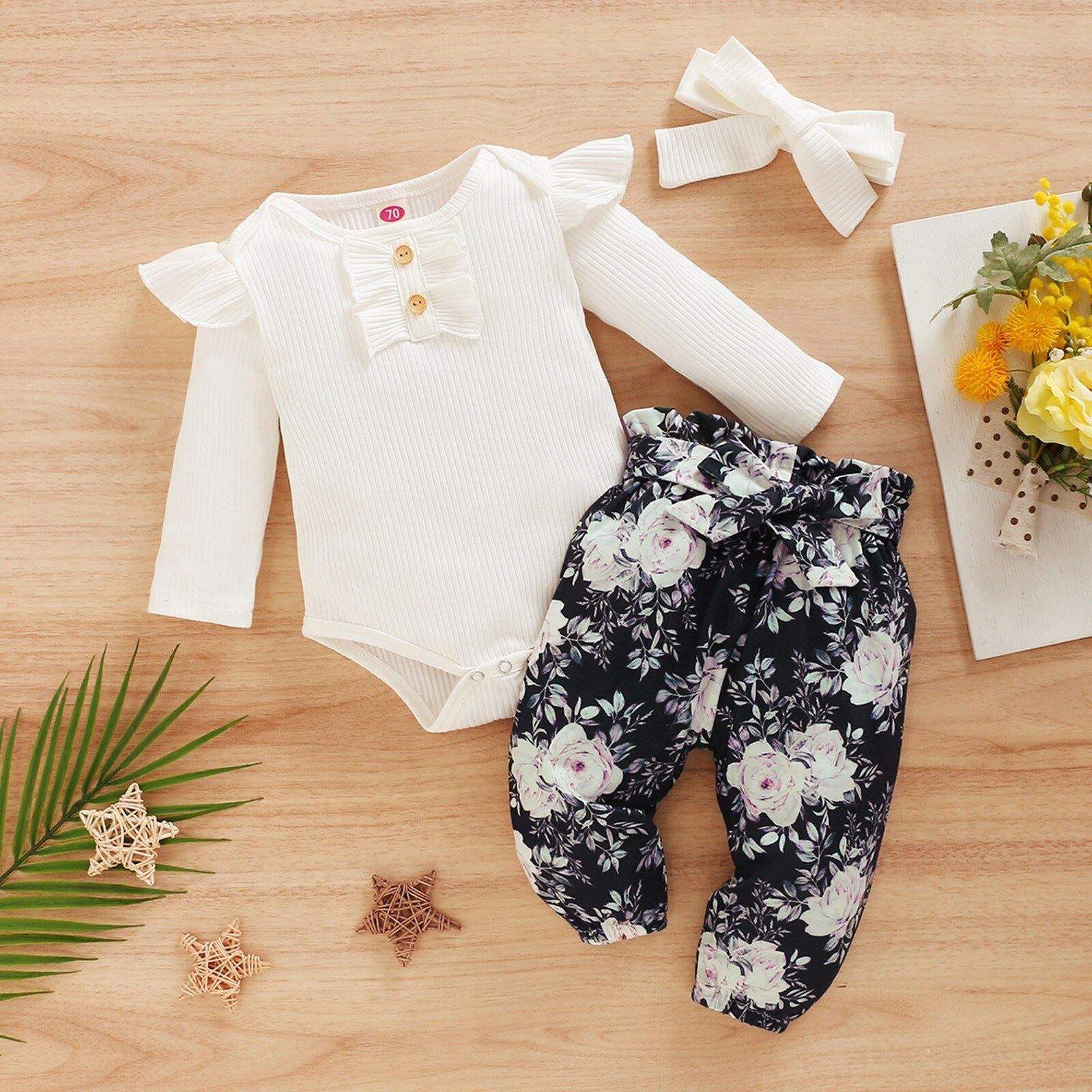 Conjunto Floral Bebê Menina Body Manga Longa + Calça + Laço | 3-24 Meses