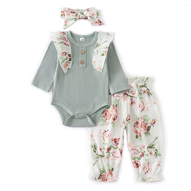 Conjunto Body Babados + Calça Floral+ Laço Bebê Menina