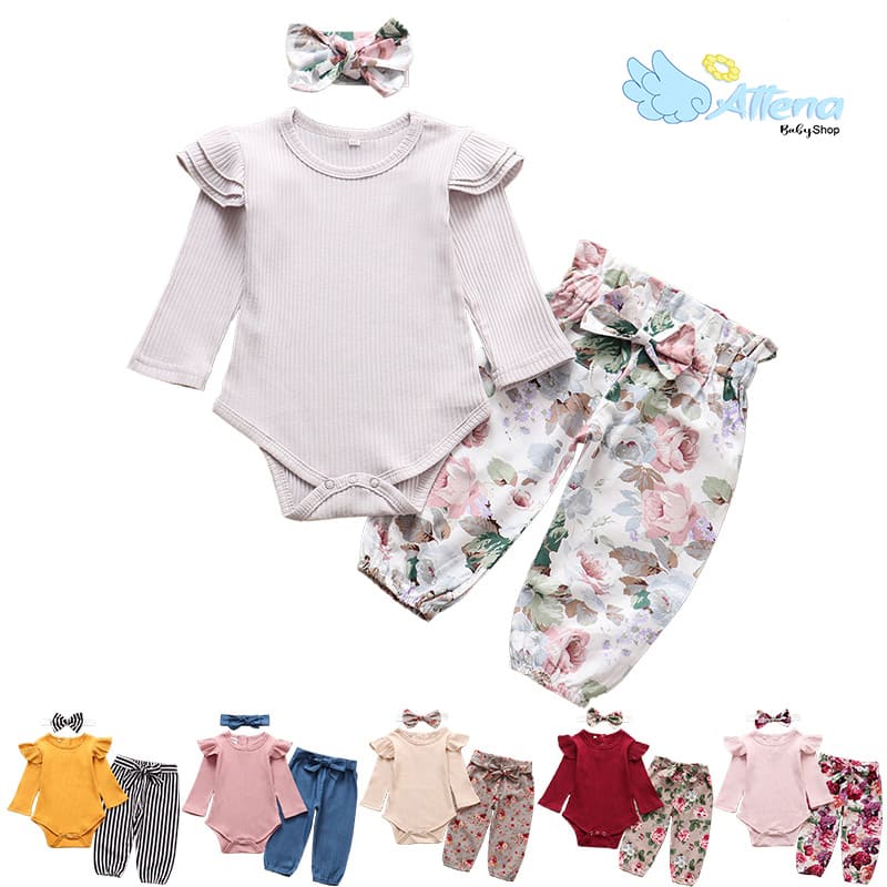 Conjunto Body Babados + Calça Floral+ Laço Bebê Menina