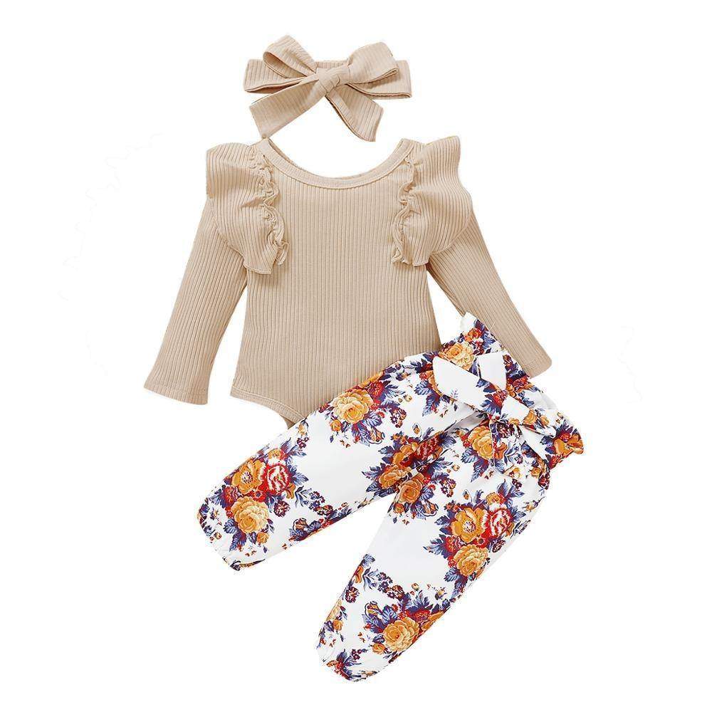 Conjunto Floral Bebê Menina Body Manga Longa + Calça + Laço | 3-24 Meses