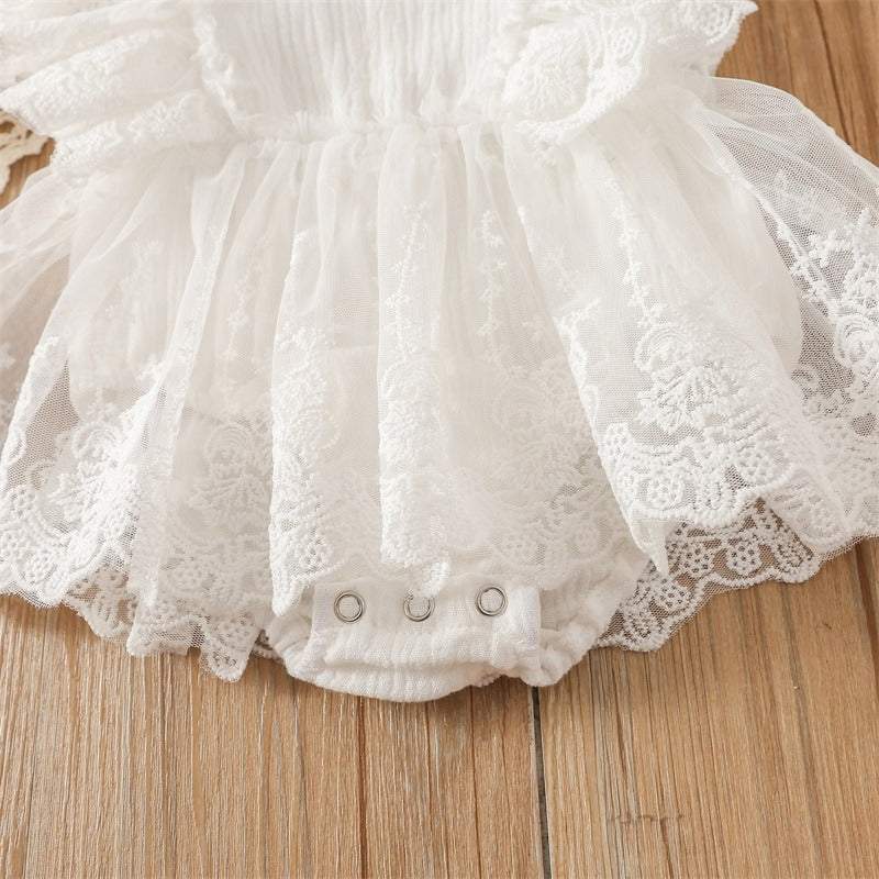 Vestido-Macaquinho Branco c/Renda Batizado Bebê Menina | 1-24 Meses