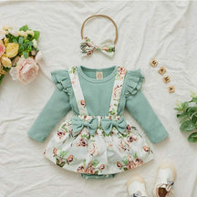 Conjunto Floral Salopete+ Body Manga Longa+ Laço Bebê Menina
