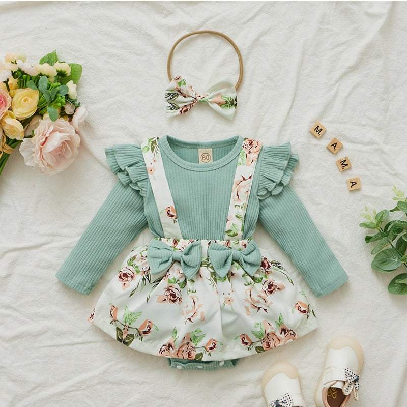 Conjunto Floral Salopete+ Body Manga Longa+ Laço Bebê Menina