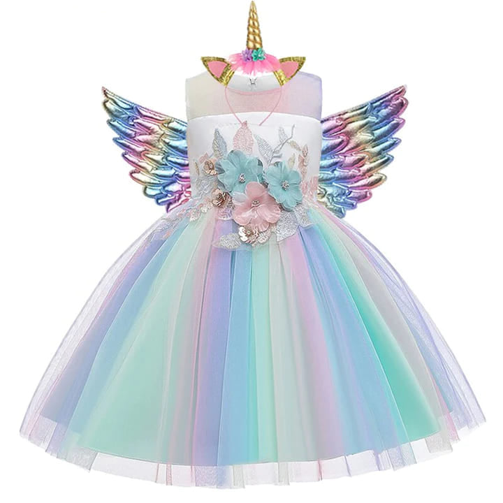 Vestido de Festa Menina Unicórnio Arco-íris + Asinhas + Tiara