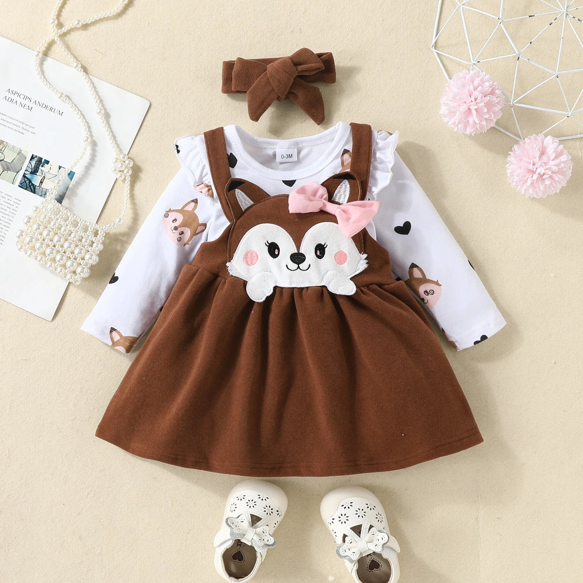 Conjunto Bebê Menina Raposinha Manga+ Longa Vestido+ Laço