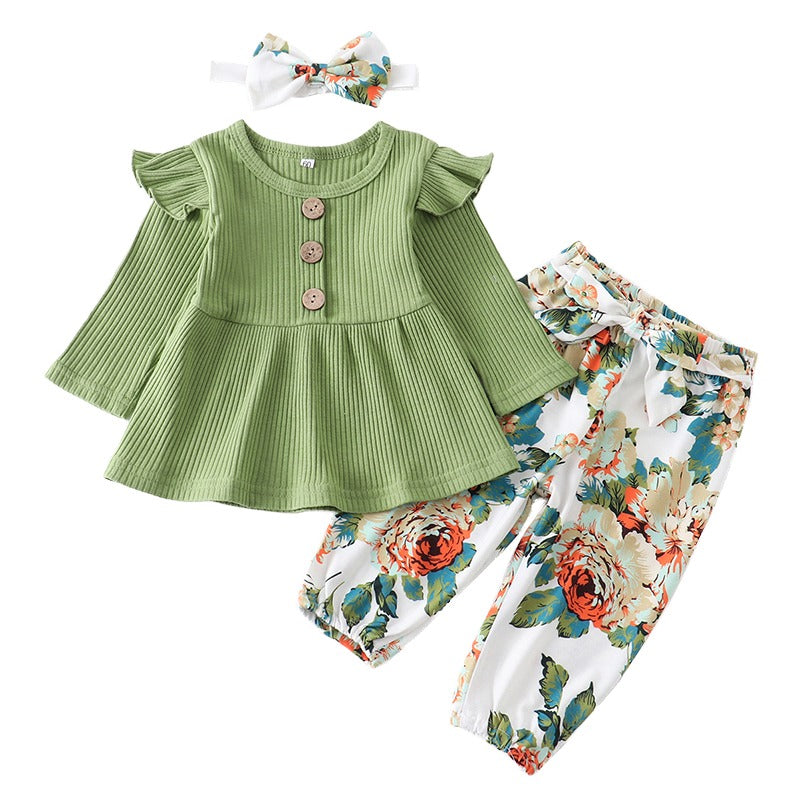 Conjunto Blusa Manga + Calça Floral +Laço Bebê Menina | 1-24 Meses