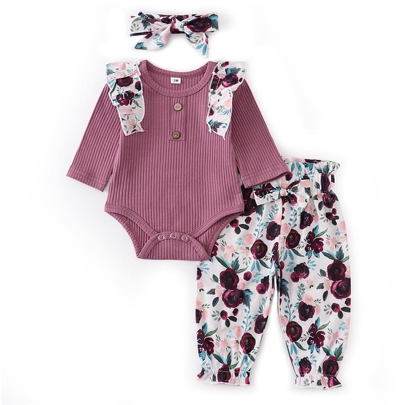 Conjunto Body Babados + Calça Floral+ Laço Bebê Menina