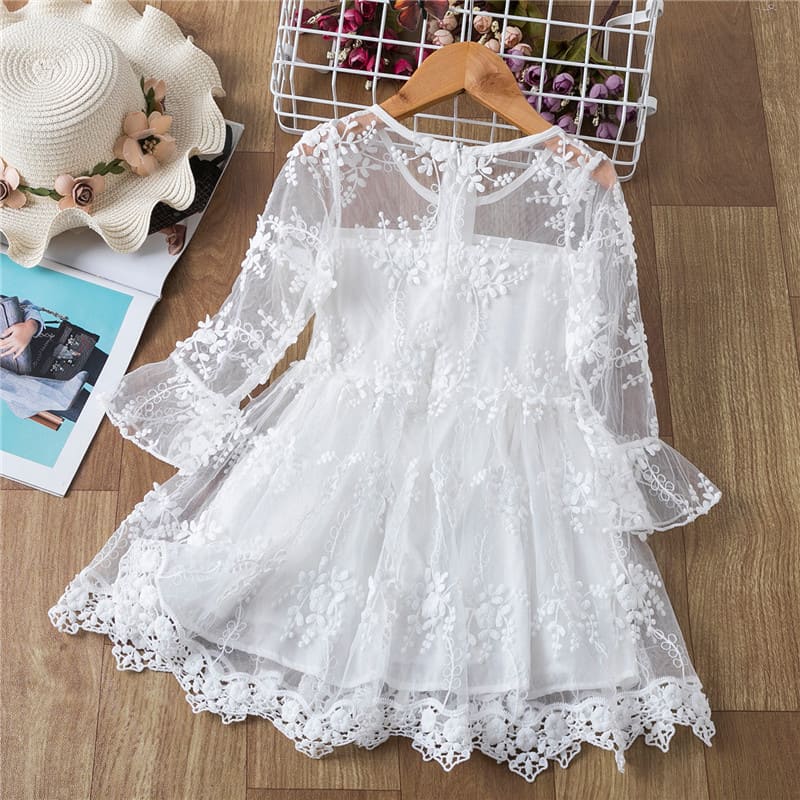 Vestido de Renda Manga Transparente Menina Batizado | 2-8 Anos