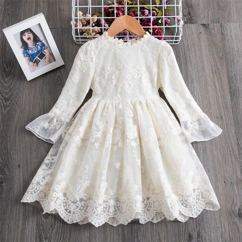 Vestido de Renda Manga Transparente Menina Batizado | 2-8 Anos