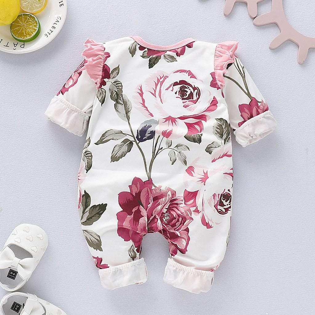 Macacão Branco Floral Bebê Menina c/Babados| 0-18 Meses