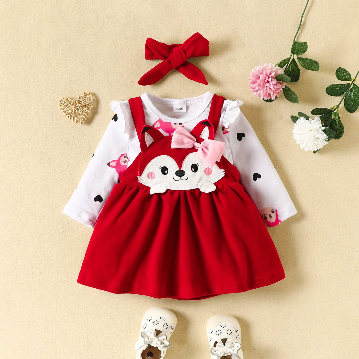 Conjunto Bebê Menina Raposinha Manga+ Longa Vestido+ Laço