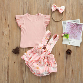 Conjunto Bebê Menina Verão Blusa de Manga Curta + Macaquinho + Laço | 0-18 Meses