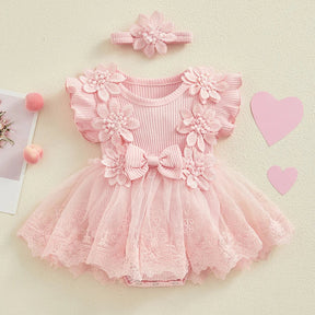 Vestido-Macaquinho de Festa Bordados Florais c/ Tiara | 0-18M