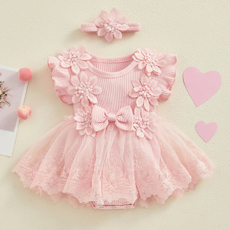 Vestido-Macaquinho de Festa Bordados Florais c/ Tiara | 0-18M