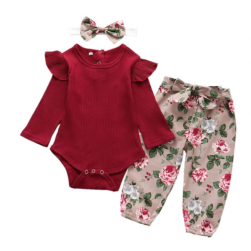 Conjunto Body Babados + Calça Floral+ Laço Bebê Menina
