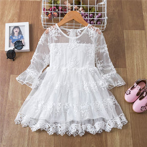 Vestido de Renda Manga Transparente Menina Batizado | 2-8 Anos