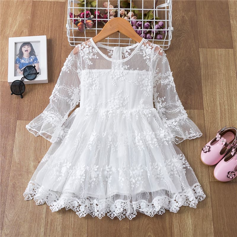 Vestido de Renda Manga Transparente Menina Batizado | 2-8 Anos