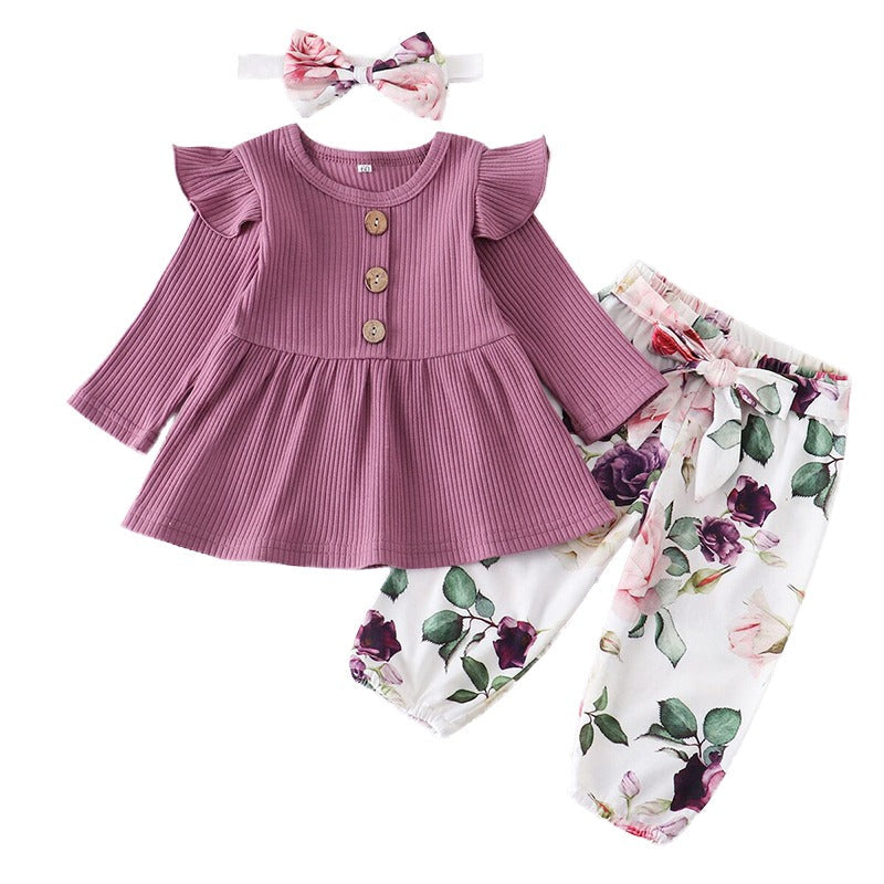 Conjunto Blusa Manga + Calça Floral +Laço Bebê Menina | 1-24 Meses