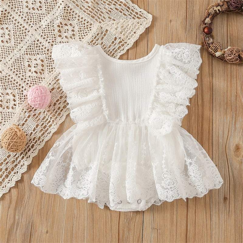 Vestido-Macaquinho Branco c/Renda Batizado Bebê Menina | 1-24 Meses