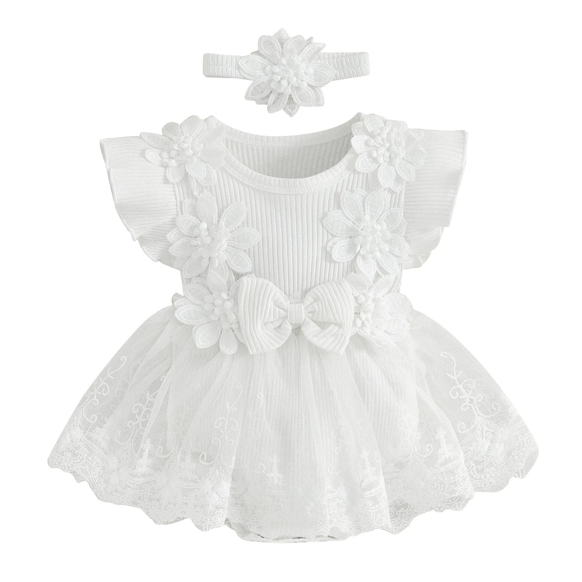 Vestido-Macaquinho de Festa Bordados Florais c/ Tiara | 0-18M