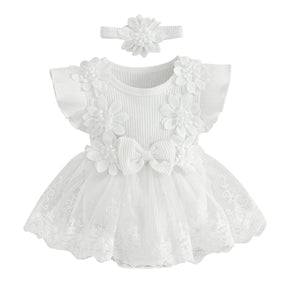 Vestido-Macaquinho de Festa Bordados Florais c/ Tiara | 0-18M