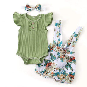 Conjunto Floral Bebê Menina Body + Jardineira + Laço | 0-18 Meses