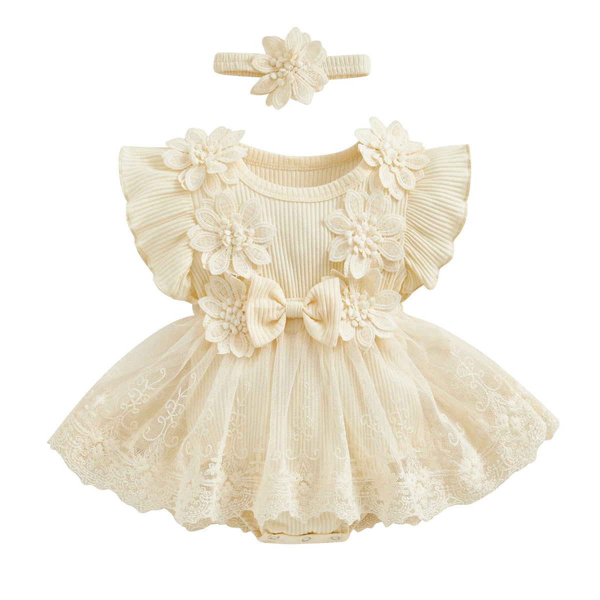 Vestido-Macaquinho de Festa Bordados Florais c/ Tiara | 0-18M
