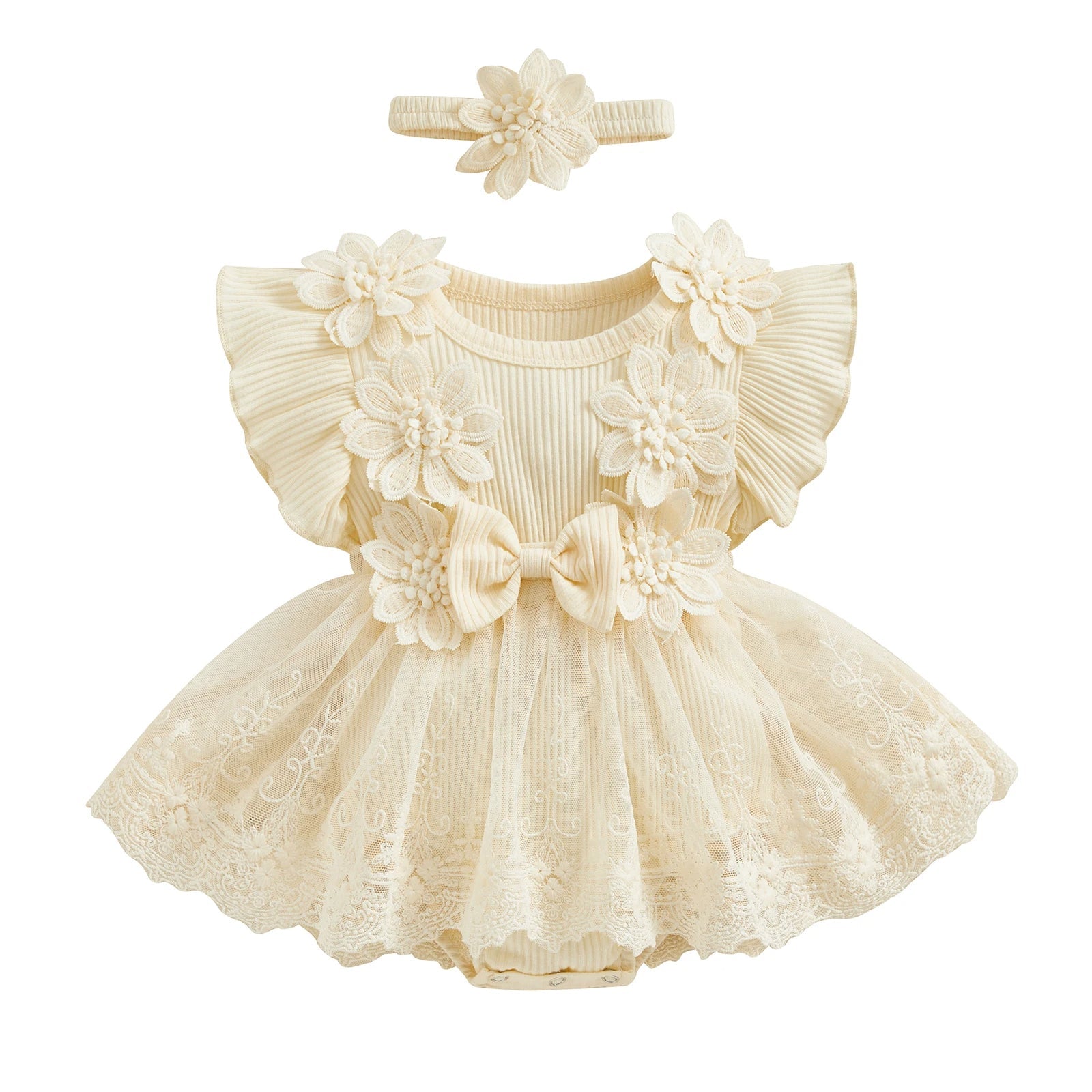 Vestido-Macaquinho de Festa Bordados Florais c/ Tiara | 0-18M