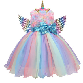 Vestido de Festa Menina Unicórnio Arco-íris + Asinhas + Tiara