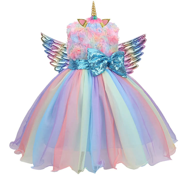 Vestido de Festa Menina Unicórnio Arco-íris + Asinhas + Tiara