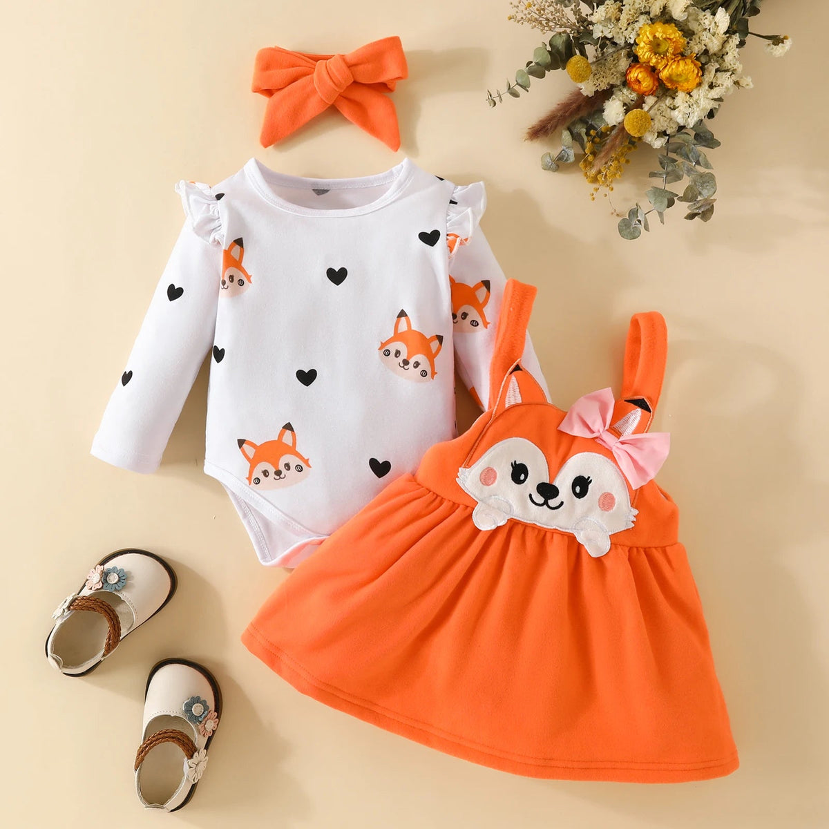 Conjunto Bebê Menina Raposinha Manga+ Longa Vestido+ Laço
