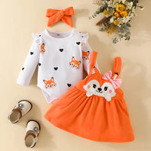 Conjunto Bebê Menina Raposinha Manga+ Longa Vestido+ Laço